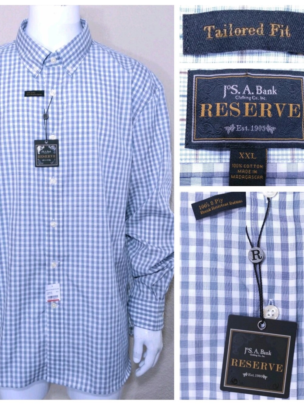 JOS A BANK RESERVE Long Sleeve Button Up Shirt XXL Tailored Fit 2XL MENS Check
